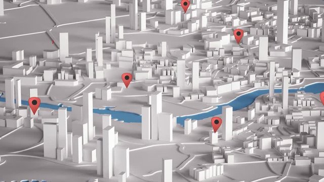 Aerial View of City Buildings 3D Rendering With Red Point Map 4K Animation