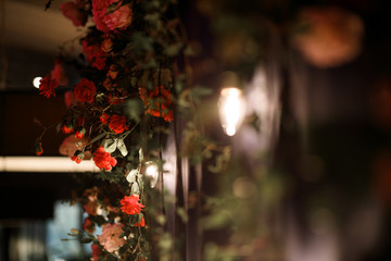 Roses and long green branches hang on the wall