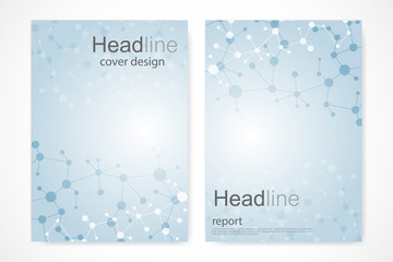 Scientific brochure design template. Vector flyer layout, Molecular structure with connected lines and dots. Scientific pattern atom DNA with elements for magazine, leaflet, cover, poster design.