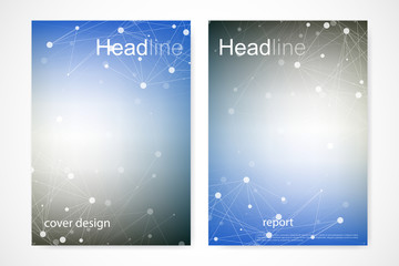 Obraz premium Scientific brochure design template. Vector flyer layout, Molecular structure with connected lines and dots. Scientific pattern atom DNA with elements for magazine, leaflet, cover, poster design.