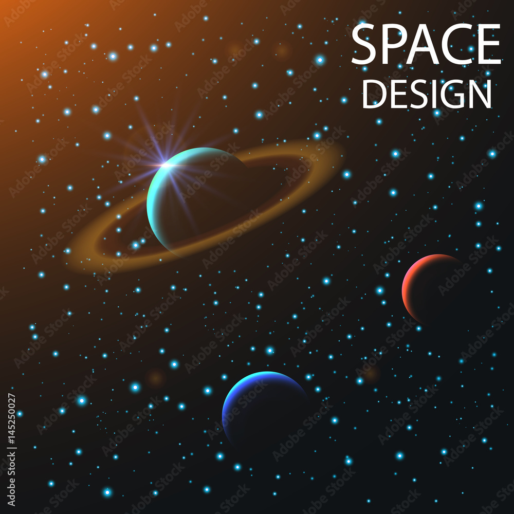 Wall mural abstract space elements and planets with shine sparkles isolated on dark background