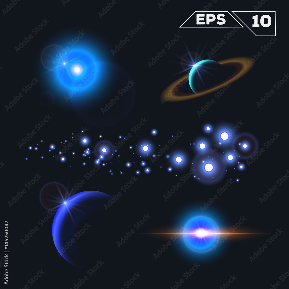 Wall mural abstract space elements with shine sparkles isolated on dark background