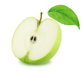Half of Green Apple with Leaf Isolated on White Background