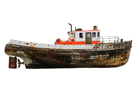 old wooden fishing boat isolated on white background, with clipping path