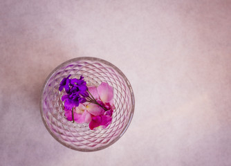 Look from above at pink and violet flowers lying in a glass bowl