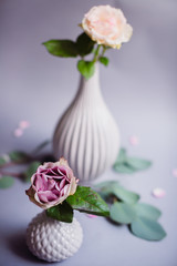 Flowers in tall and small porcelain vases stand on grey background