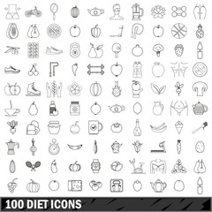 100 diet icons set, outline style