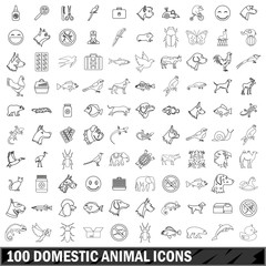 100 domestic animal icons set, outline style