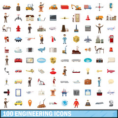 100 engineering icons set, cartoon style