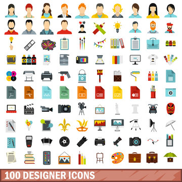 100 designer icons set, flat style