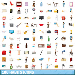 100 habits icons set, cartoon style