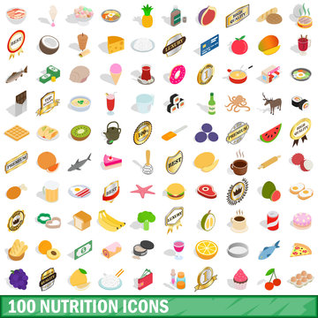 100 nutrition icons set, isometric 3d style
