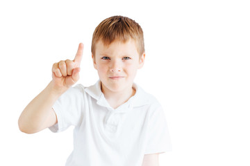 Little boy stand on white background and show his emotions