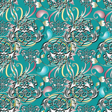 Paisley  floral seamless pattern. Light blue background wallpaper illustration with vintage 3d  flowers, swirl leaves and antique damask ornaments.Vector luxury 3d texture for fabric, textile, prints.