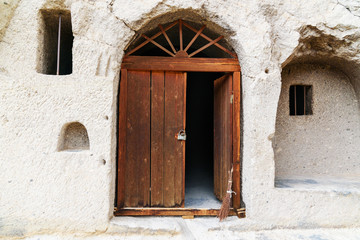 Entrance to cave in Vardzia cave monastery. Georgia
