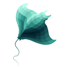 Stylized devil ray illustration with geometric shapes colored in shades of turquoise green. Gradient polygon style sea animal vector. - obrazy, fototapety, plakaty