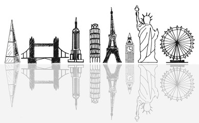 Fototapeta premium Travel tourist landmarks skyline sketch