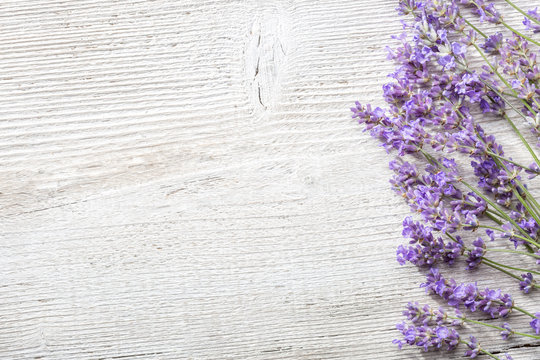Sprigs of lavender on  wooden background