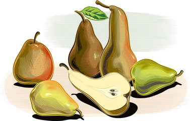 Two ripe pears are cut in half.