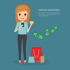 woman shopping with credit card infographic. business concept idea. avatar people character flat design.