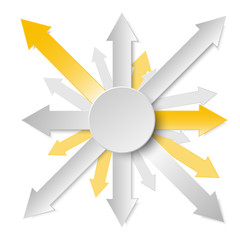 3d yellow and grey arrows paper out from circle in the center for business graphic concept design