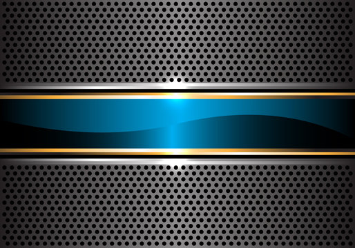 Abstract Blue Gold Line Gold Banner On Metal Gray Circle Mesh Design Luxury Background Vector Illustration.