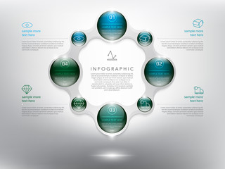 Abstract info graphic with circle elements. Glossy and transparent on the white panel. Use for business concept. 4 parts concept. Vector illustration. Eps10.