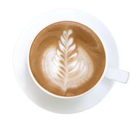 Top view of hot coffee latte art isolated on white background, clipping path included