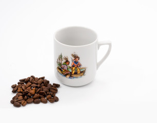Vintage cup of coffee on white, pack coffee and coffee grains. Hipster background.