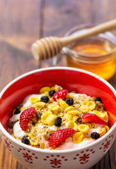 Muesli With Dried Fruit, Strawberries and Milk