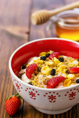 Muesli With Dried Fruit, Strawberries and Milk