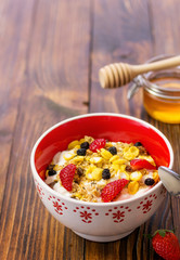 Muesli With Dried Fruit, Strawberries and Milk