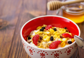 Muesli With Dried Fruit, Strawberries and Milk