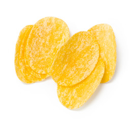 yellow potato chips isolated on white