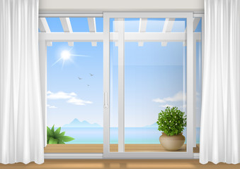 Naklejka premium Sliding window of the hotel. View of the tropical bay. Resort. Vector graphics