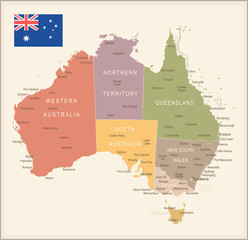 Australia - vintage map and flag - illustration