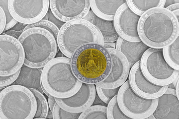 Thai ten Baht silver coins  background.