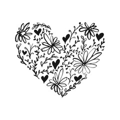 Flower and leaves heart isolated on the white background. Fun brush ink illustration for photo overlays, greeting card or t-shirt print, poster design.
