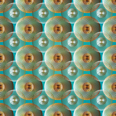 Fototapety  Modern geometric seamless pattern. Abstract light turquoise background with 3d radial line art circles,  greek key, shapes, figures and surface gold  ornaments.  Vector  texture with shadows.