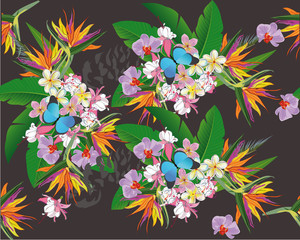 Summer textile background with tropical flowers.