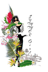 Summer fashion girl with tropical flowers and leaves.