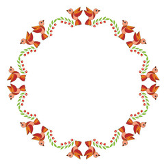 Frame orange bird with leaf and berry isolated on the white background