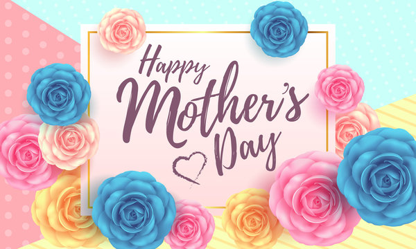 Happy mother's day layout design with roses, lettering,frame and flowers background.Vector illusion of Best mom,mum ever flyer and Card Design template.