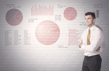 Pie charts and numbers on wall with salesman