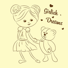 Vector illustration. Girl with teddy bear.