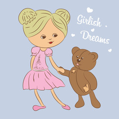 Vector color illustration. Girl with teddy bear.