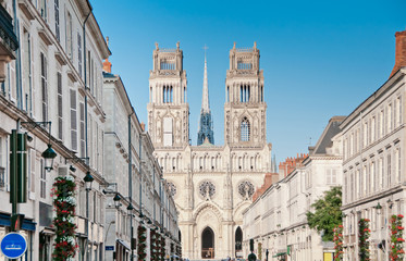 Fototapeta na wymiar Street with Cathedral in Orleans, France