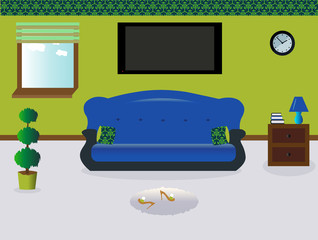 A living room.A lamp and the books on the nightstand.A sofa witn colored decorative pillows. Сarpet. Sexy cute slippers with high heels. Plant. Flat screen TV. Window. Blinds. Vector illustration.