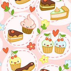 Seamless pattern with cute cupcakes, cakes, flowers and hearts. Vector illustration