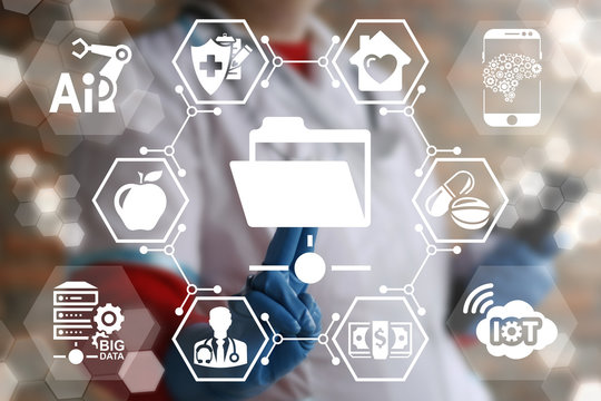 Shared folder medicine IoT, AI, DATA information technology integrate. Patient history health care web computing. Medical document case emr personal data healthy treatment technology. Data center.